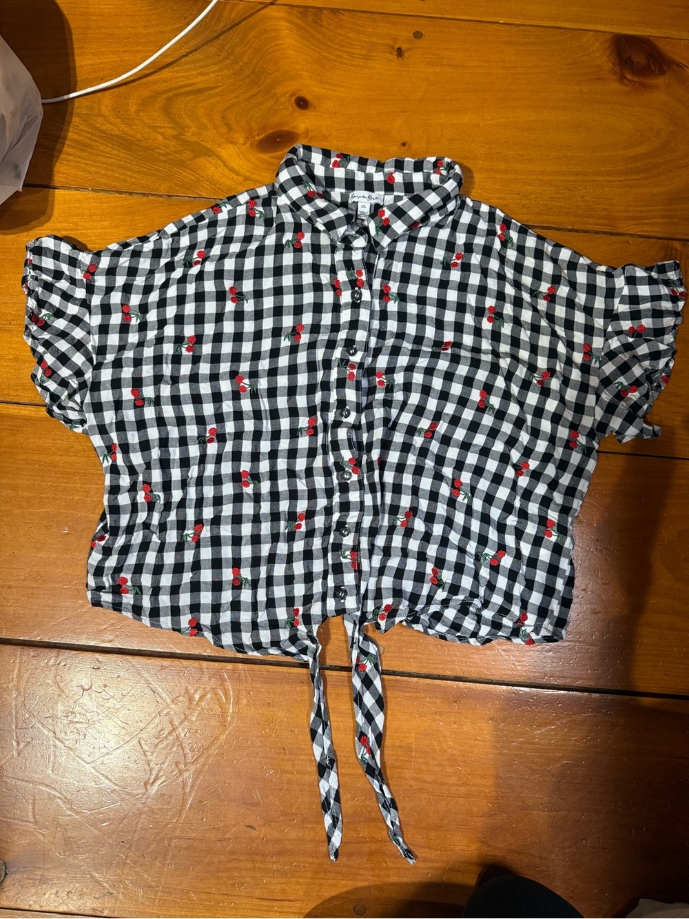 Love, Fire- Black & White Gingham Tie-Front Shirt with Red Cherry Embroidery
